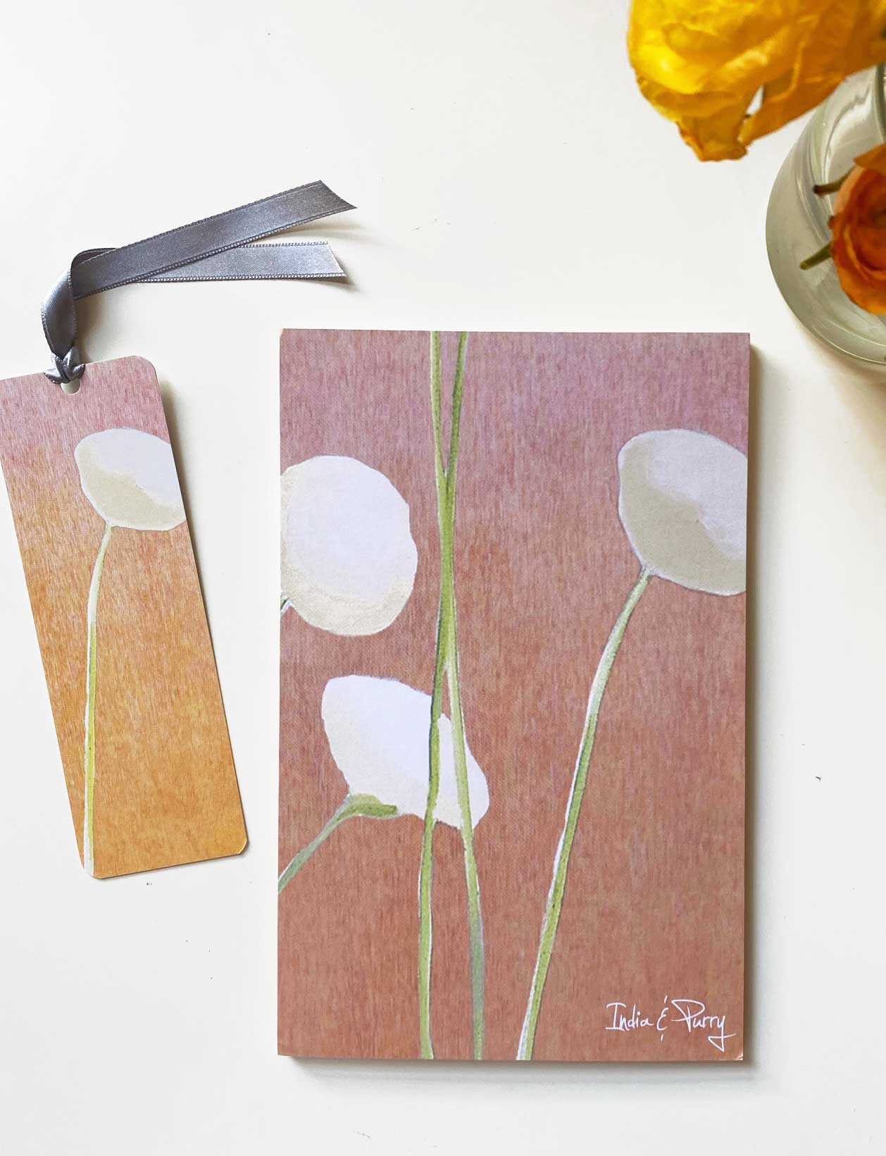 Notepad & Bookmark Set: Cream Flowers on Orange