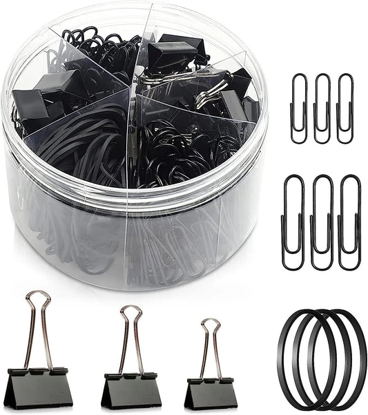 240pc Black Paper Clips, Rubber Band, Binder Clips Stationery Set